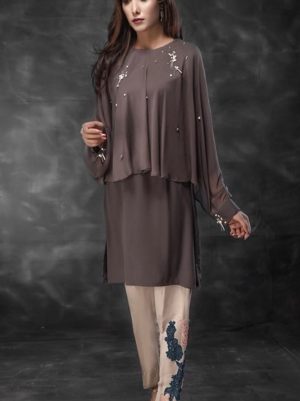 Embellished dark Taupe Chiffon Overlay Tunic with Embroidered Cream Pants